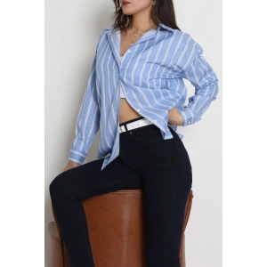 Pamuk Polyester Çizgili Oversize Gömlek Açıkmavi - 51052.147.