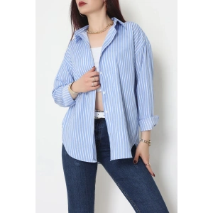 Pamuk Polyester Çizgili Oversize Gömlek Açıkmavibeyaz - 51052.147.