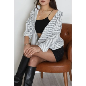 Pamuk Polyester Çizgili Oversize Gömlek Beyazsiyah - 51052.147.