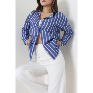 Pamuk Polyester Çizgili Oversize Gömlek Koyumavi1 - 51052.147.