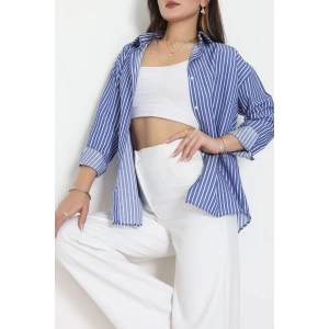 Pamuk Polyester Çizgili Oversize Gömlek Koyumavibeyaz - 51052.147.