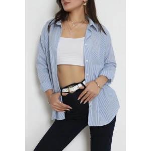 Pamuk Polyester Çizgili Oversize Gömlek Mavibeyaz1 - 51052.147.