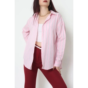Pamuk Polyester Çizgili Oversize Gömlek Pembebeyaz - 51052.147.