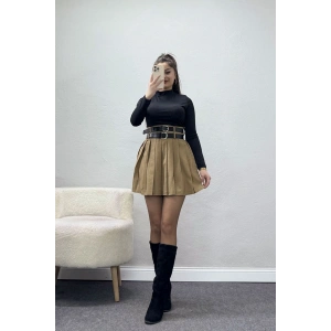 Pileli Çift Kemerli Etek Camel - 3239.1995.