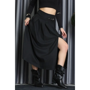 Poliviskon Pileli Kemer Detaylı Etek Siyah - 70903.1434.