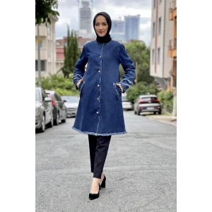 Püsküllü Kot Ceket Koyu Mavi