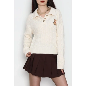 Saç Örgü Nakışlı Triko Kazak Bej - 2162.1247.