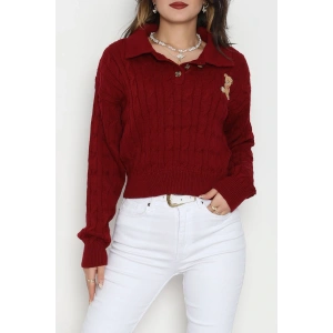 Saç Örgü Nakışlı Triko Kazak Bordo - 2162.1247.