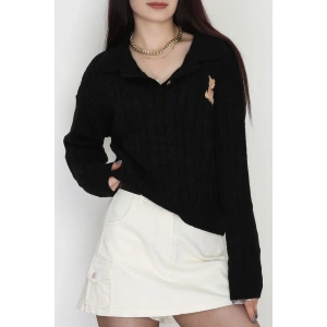 Saç Örgü Nakışlı Triko Kazak Siyah - 2162.1247.