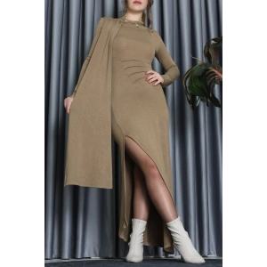 Şal Yaka Uzun Elbise Vizon - 111659.444.