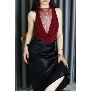 Sandy Kumaş Sırt Dantelli Çıtçıtlı Bluz Bordo - 71421.1380.