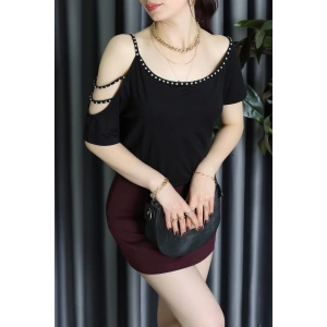 Şerit Taş Detaylı Viskon Bluz Siyah - 62079.1256.