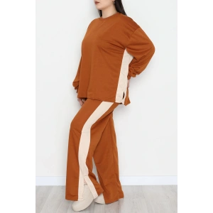 Şeritli 2 İplik Büyük Beden Eşofman Takımı Kahvebej - 52047.1857.