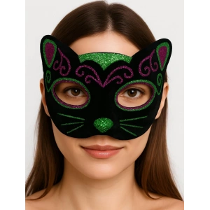 Siyah Kadife Kaplama Üzeri Pembe Yeşil Sim İşlemeli Kedi Maskesi 20x13 Cm
