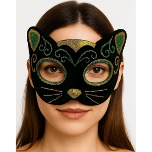 Siyah Kadife Kaplama Üzeri Sarı Yeşil Sim İşlemeli Kedi Maskesi 20x13 Cm
