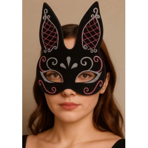 Siyah Renk Kırmızı Beyaz Simli Siyah Süet Kaplama Tavşan Maskesi 18x16 Cm