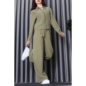 Soft Touch Dokuma Modal Fermuarlı İkili Takım Haki - 55012.1837.