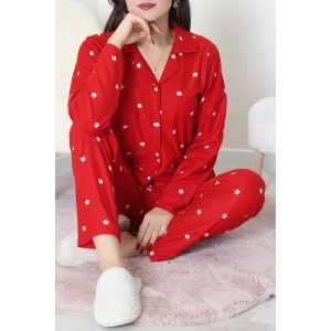 Süet Düğmeli Pijama Takımı Kırmızı - 31876.1049.