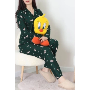 Süet Düğmeli Pijama Takımı Koyuyeşil - 31876.1049.