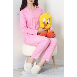Süet Düğmeli Pijama Takımı Pembeçizgi - 52179.2124.