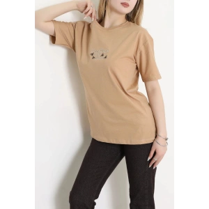 Suprem Nakışlı Oversize Tişört Camel - 31882.1878.
