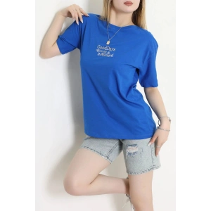 Suprem Nakışlı Oversize Tişört Saks - 31882.1878.