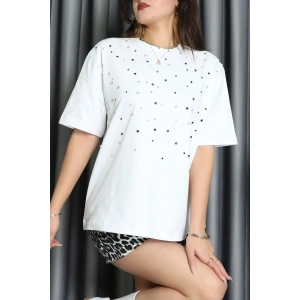 Taşlı Örme Oversize Tişört Beyaz - 50551.444.