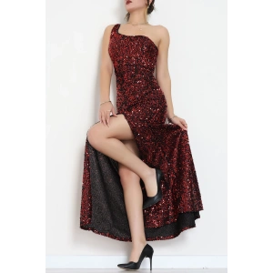 Tek Omuz Pul Payetli Elbise Bordo - 583150.1592.