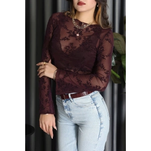 Transparan Şifon Kayık Yaka Bluz Mürdüm - 70847.2078.