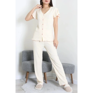 V Yaka Bürümcük Pijama Takımı Bej - 52340.2159.