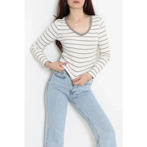 V Yaka Çizgili Kaşkorse Body Beyazkahve - 70763.1748.