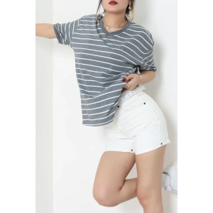 V Yaka Çizgili Rejenere Süprem Tişört Antrasitbeyaz - 602.1567.