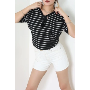 V Yaka Çizgili Rejenere Süprem Tişört Siyahbeyaz - 602.1567.
