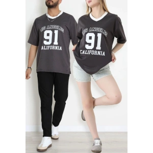 V Yaka Oversize 2 İplik Forma Tişört Antrasit - 88105.1878.