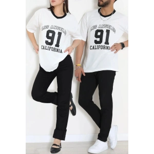 V Yaka Oversize 2 İplik Forma Tişört Beyaz - 88105.1878.