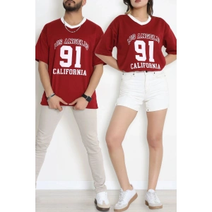 V Yaka Oversize 2 İplik Forma Tişört Bordo - 88105.1878.