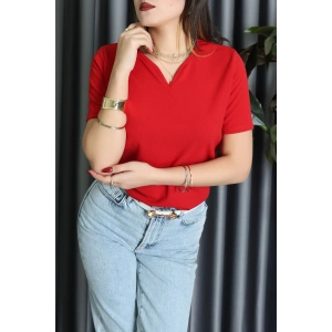 V Yakalı İthal Krep Bluz Kırmızı - 61622.1256.