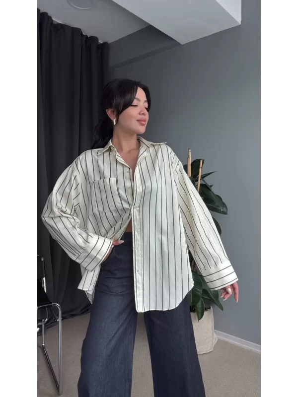 Açık Sarı Çizgili Oversize Uzun Kadın Gömlek