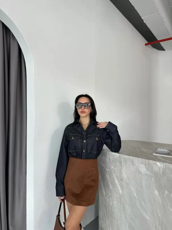 Koyu Lacivert Cepli Denim Kadın Gömlek