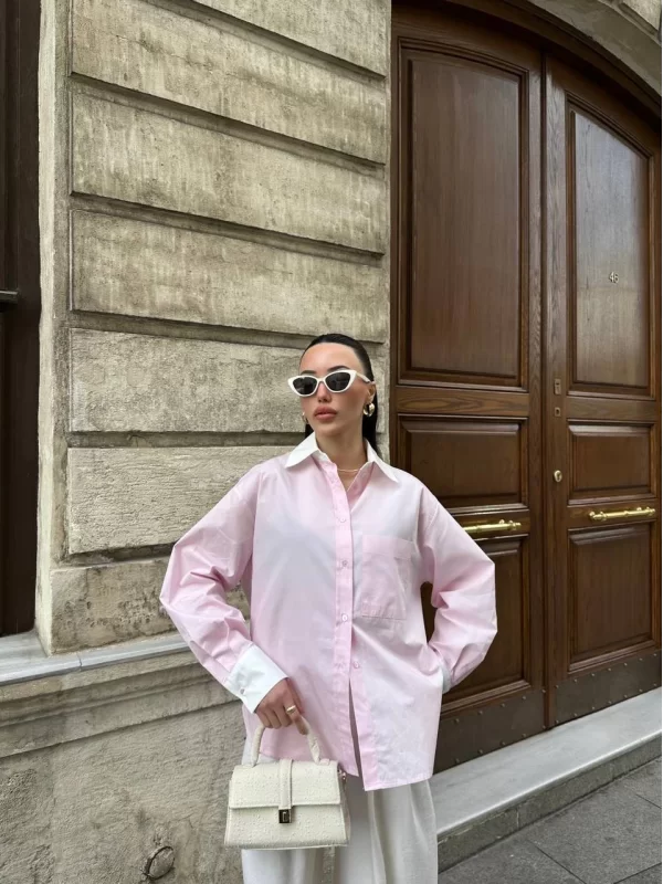%100 Pamuk Pembe Kadın Gömlek