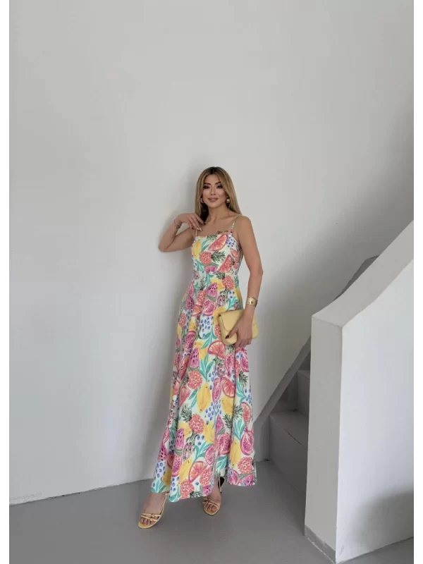 İp Askılı Cepli Maxi Boy Meyve Desenli Elbise