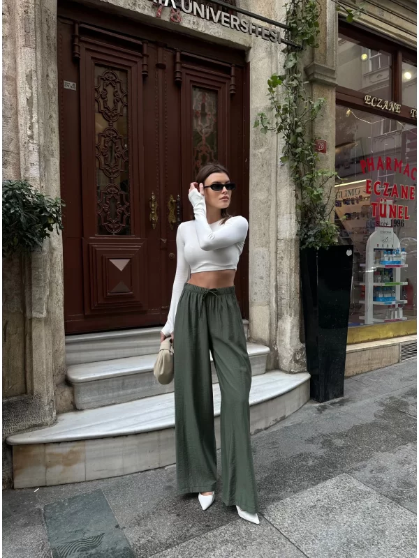 Haki Beli Lastikli Çilek Kumaş Kadın Pantolon