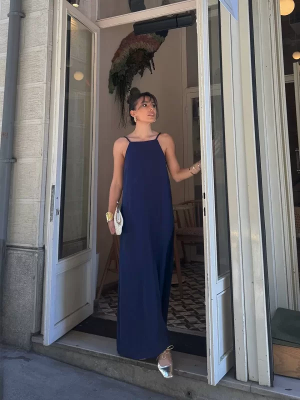 Lacivert Askılı Keten Maxi Elbise