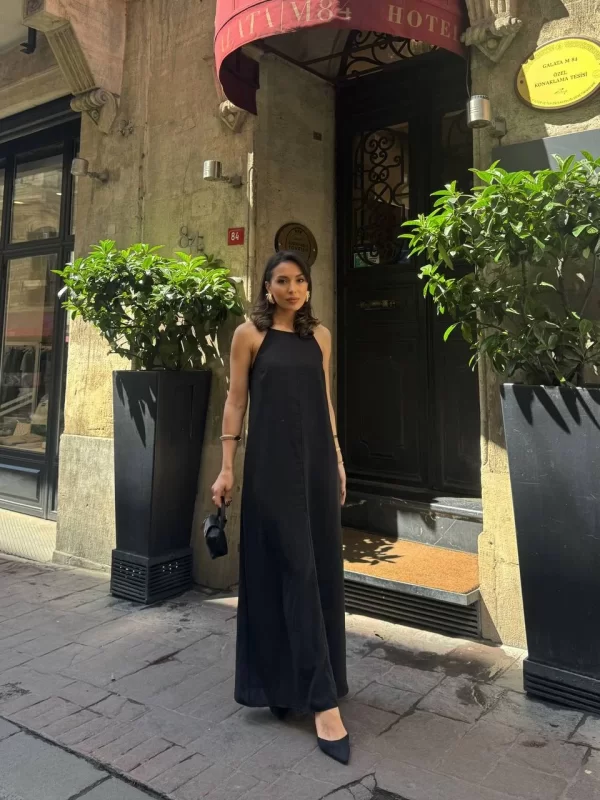 Siyah Askılı Keten Maxi Elbise