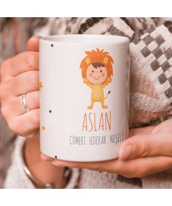 Aslan Burcu Özel Sevimli Beyaz Kupa Bardak