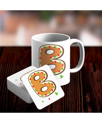 B Harfi Tasarımlı Kupa ve Bardak Altlığı Seti