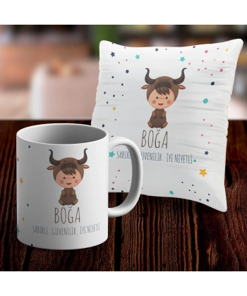 Boğa Tasarımlı Sevimli Kupa ve Yastık Kılıfı Seti