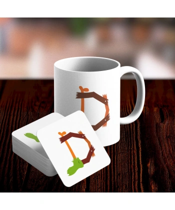 D Harfi Tasarımlı Kupa ve Bardak Altlığı Seti