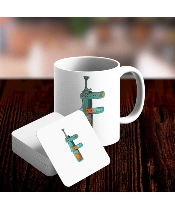 F Harfi Tasarımlı Kupa ve Bardak Altlığı Seti