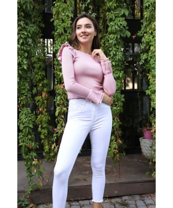 Fırfır Detaylı Triko Bluz - TOZ PEMBE